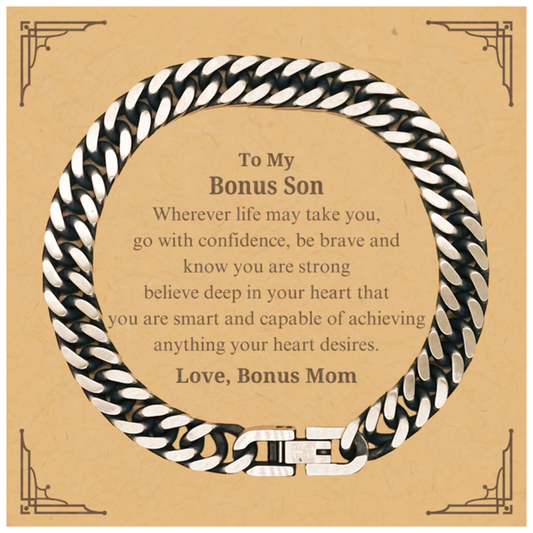bonus son cuban link chain bracelet inspirational gift for stepson strong brave and confident graduation christmas birthday veterans day easter engraved silver jewelry