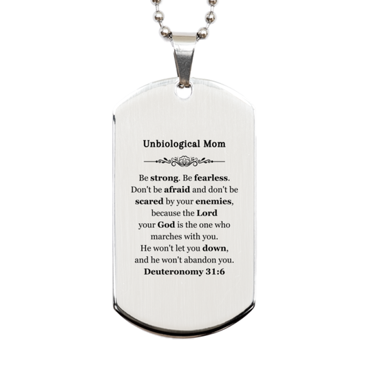 unbiological mom engraved silver dog tag be strong be fearless inspirational gift for mothers day birthday christmas graduation deuteronomy 31 6 confidence and hope