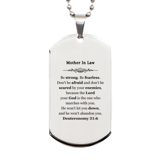 silver dog tag mother in law engraved necklace inspirational gift for her be strong be fearless dont be afraid because the lord your god is with you he wont let you down and he wont abandon you deuteronomy 31 6 perfect birthday christmas grad