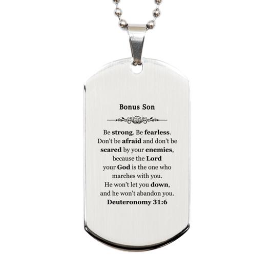 bonus son dog tag engraved be strong and fearless inspirational gift for graduation birthday christmas veterans day deuteronomy 31 6 bible verse silver pendant necklace with chain