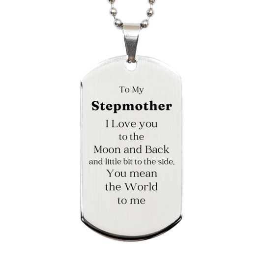 silver dog tag for stepmother engraved love you to the moon and back perfect gift for mothers day birthday and christmas unique personalized jewelry for step mom inspirational token of love from stepdaughter or stepson