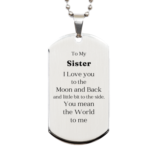 to my sister i love you to the moon and back dog tag necklace unique birthday gift for sister engraved sister necklace for christmas veterans day and holidays silver sister dog tag pendant with inspirational quote