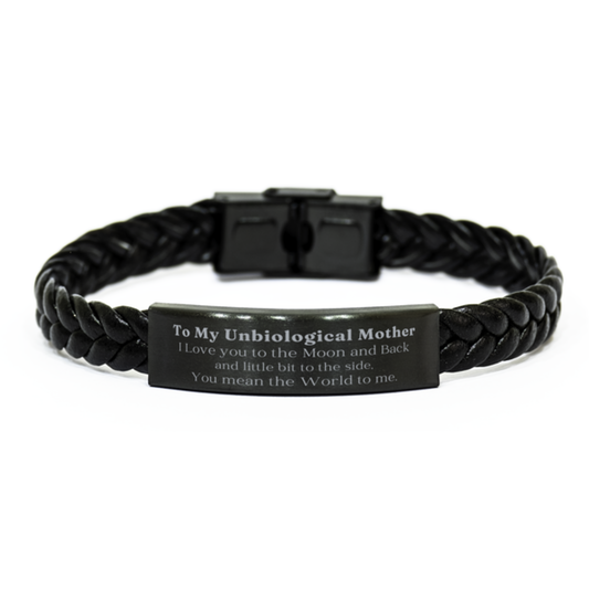 unbiological mother braided leather bracelet perfect gift for mothers day graduation christmas engraved with i love you to the moon and back