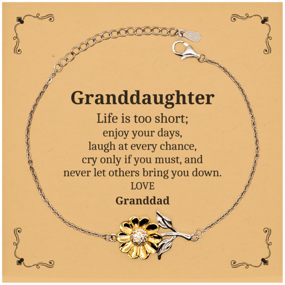 granddaughter sunflower bracelet life is too short inspirational jewelry gift for birthday or christmas from granddad