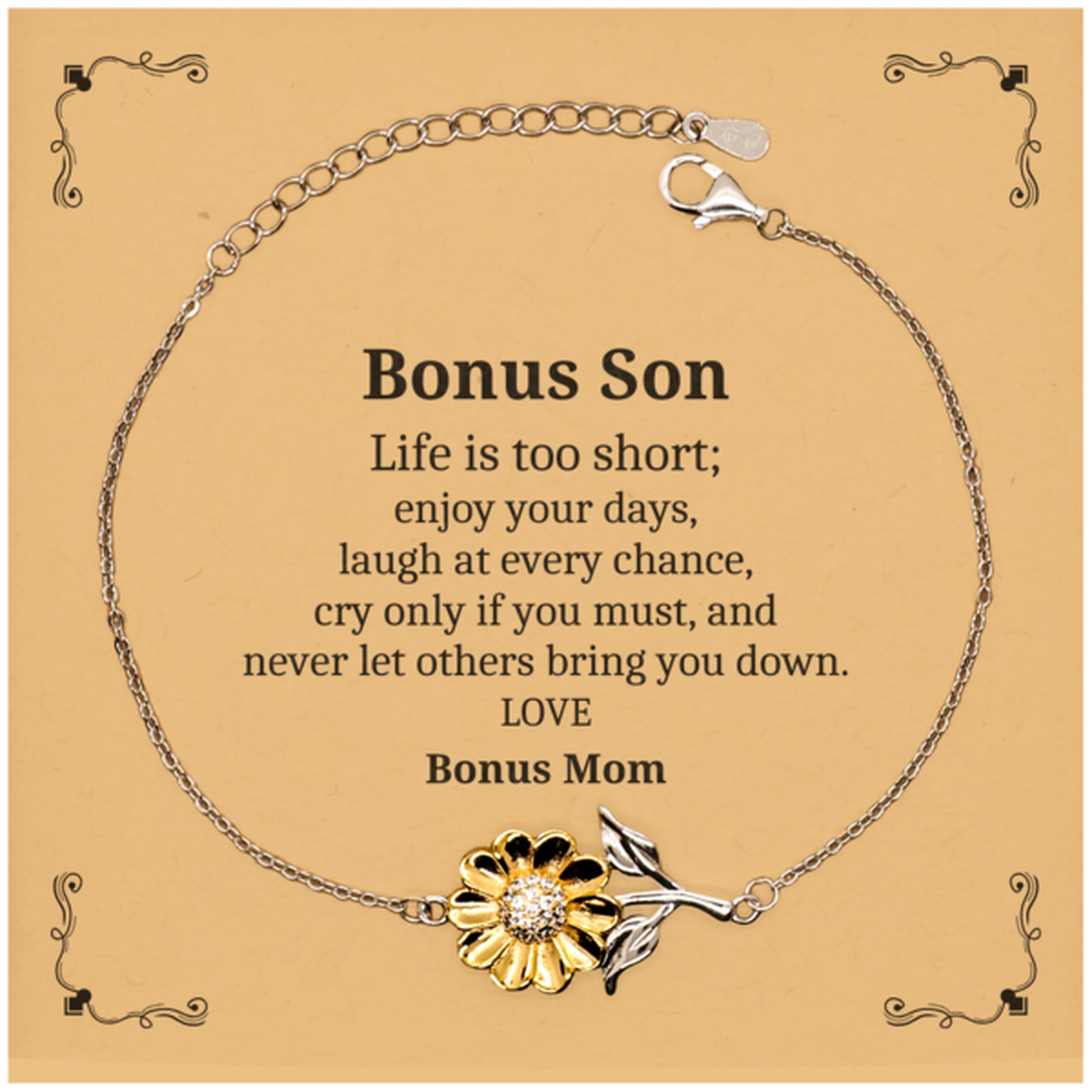 bonus son sunflower bracelet life is too short enjoy every moment gift for graduation birthday holidays christmas veterans day inspirational engraved jewelry for bonus son with love from bonus mom