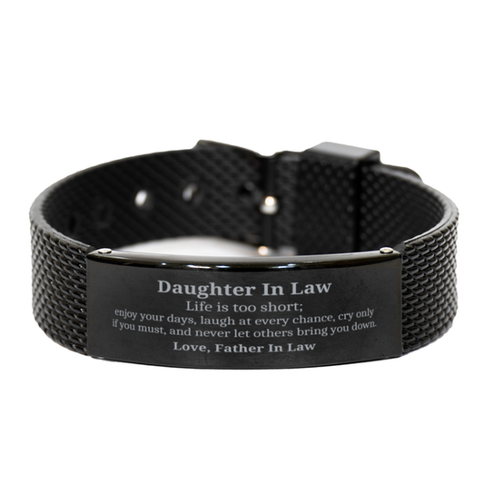 daughter in law black shark mesh bracelet engraved with father in laws inspirational quote for birthday or holidays unique gift for daughter in law to find confidence and love in every day