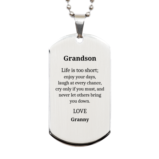 grandson engraved silver dog tag life is short enjoy laugh never let others bring you down perfect birthday gift for him