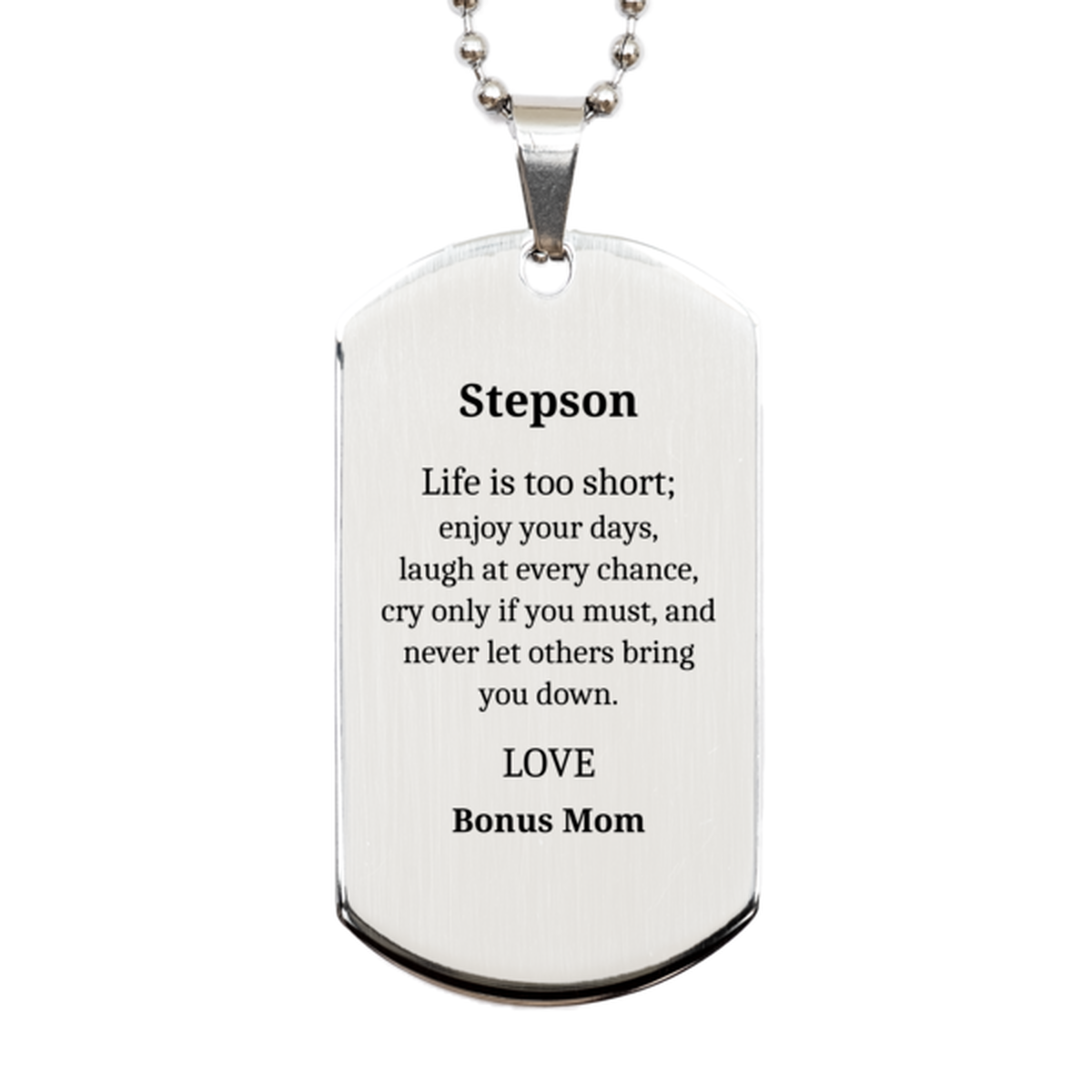 stepson engraved silver dog tag enjoy life laugh love inspirational graduation gift for stepson unique personalized pendant for veterans day and holidays