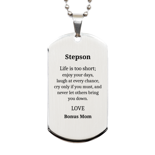 stepson engraved silver dog tag enjoy life laugh love inspirational graduation gift for stepson unique personalized pendant for veterans day and holidays