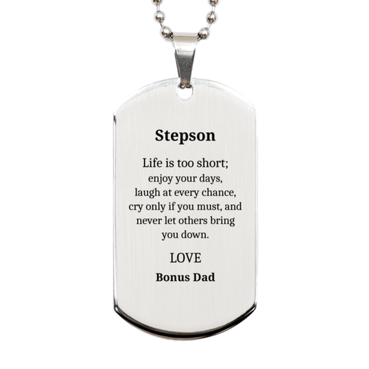 stepson silver dog tag engraved with inspirational quote for birthday gift from bonus dad perfect confidence booster for stepson on graduation and holidays unique dog tag for stepson to cherish forever