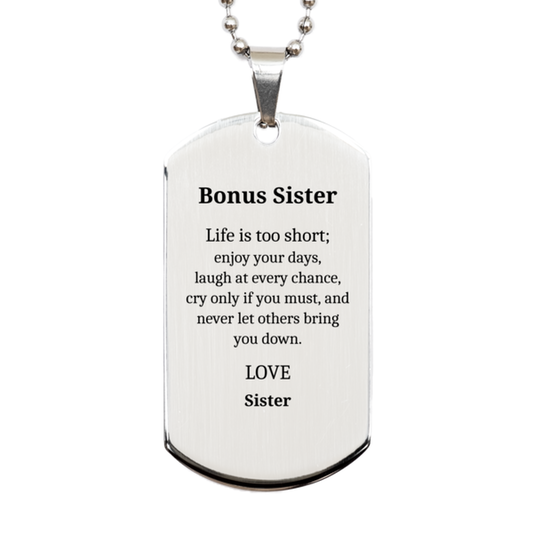 bonus sister engraved silver dog tag inspirational life quote perfect gift for birthday christmas graduation unique jewelry for sisters confidence and love