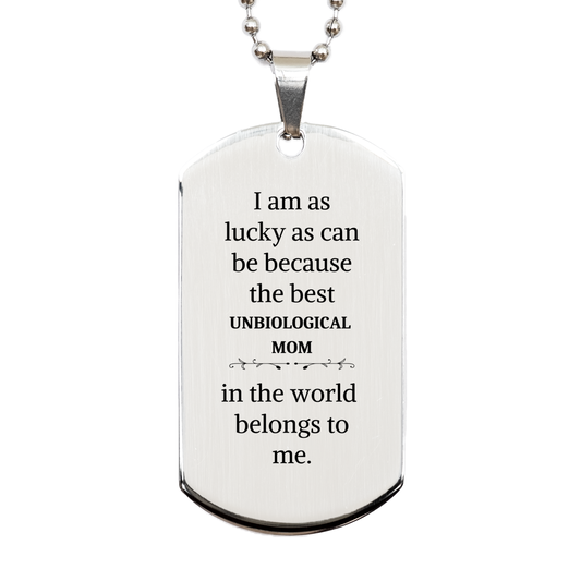 unbiological mom engraved silver dog tag perfect gift for mothers day birthday christmas i am as lucky as can be because the best unbiological mom in the world belongs to me