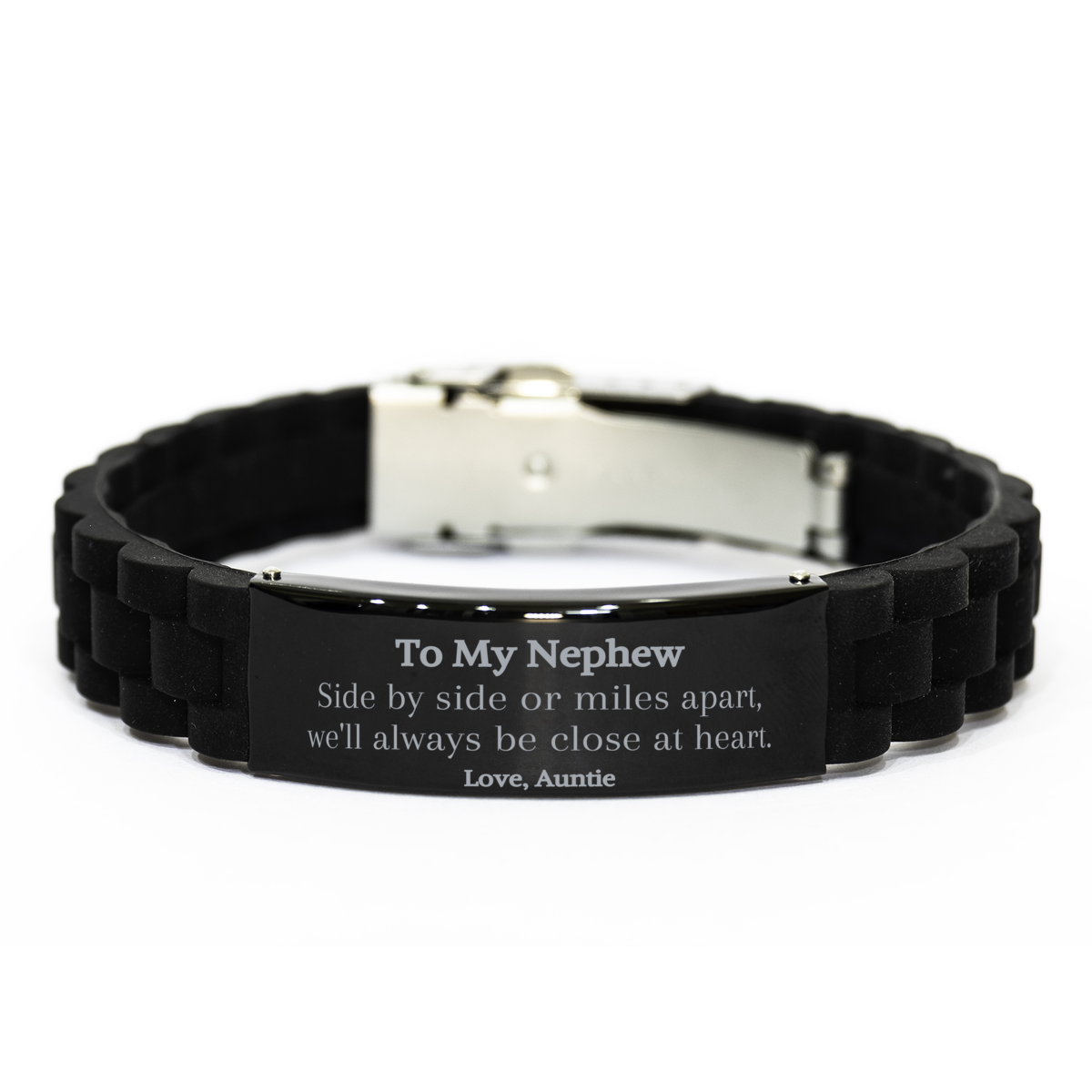 engraved black glidelock clasp bracelet for nephew side by side or miles apart always close at heart perfect birthday or graduation gift from auntie