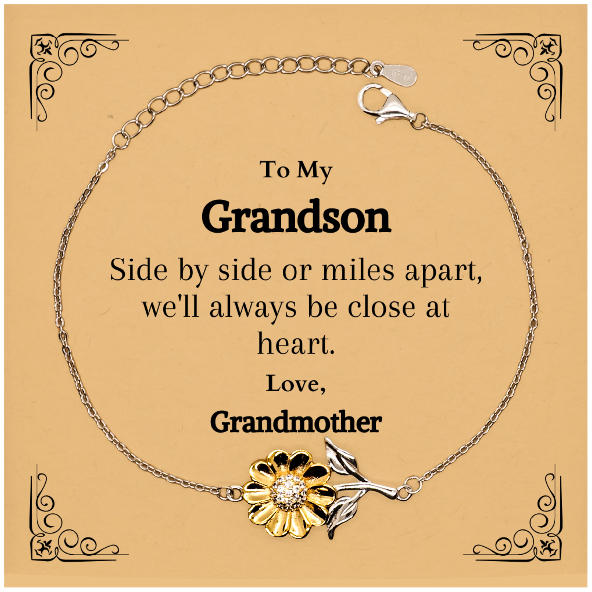 grandson sunflower bracelet to my grandson side by side or miles apart well always be close at heart love grandmother keepsake gift for birthday christmas veterans day graduation engraved inspirational jewelry for grandson