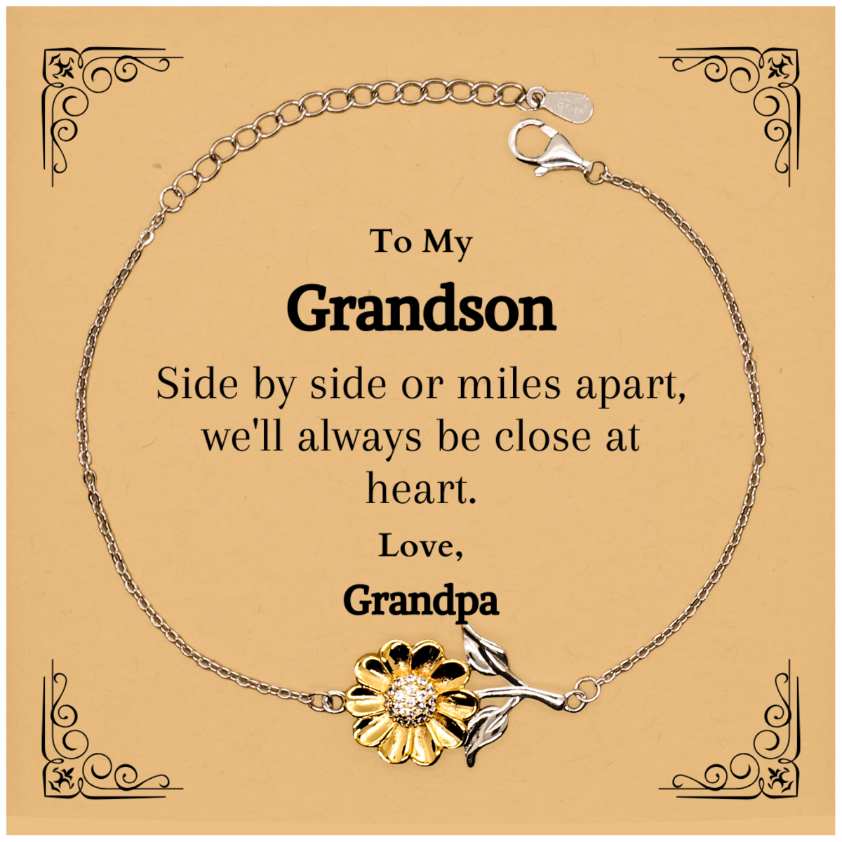 sunflower bracelet grandson gift side by side or miles apart always close at heart love grandpa engraved inspirational jewelry for birthday christmas holidays