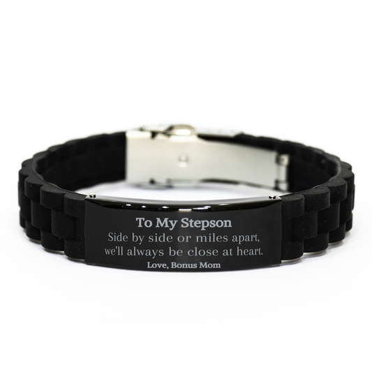 black glidelock clasp bracelet for stepson side by side or miles apart always close at heart perfect gift for birthday holidays christmas graduation engraved with love from bonus mom