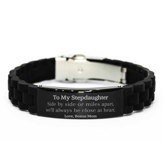 engraved black glidelock clasp bracelet stepdaughter gift side by side or miles apart always close at heart love bonus mom for birthday or graduation occasions with confidence and inspiration from a bonus mom in a unique bracelet design