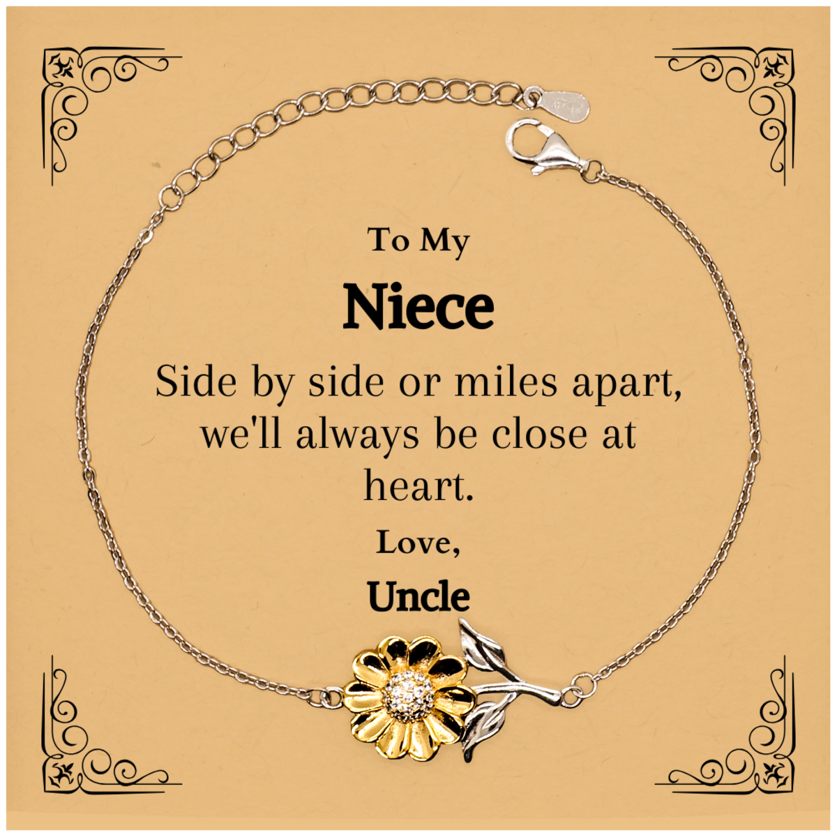 sunflower bracelet for niece engraved with side by side or miles apart well always be close at heart inspirational gift for birthday christmas graduation unique jewelry to show love and hope from uncle