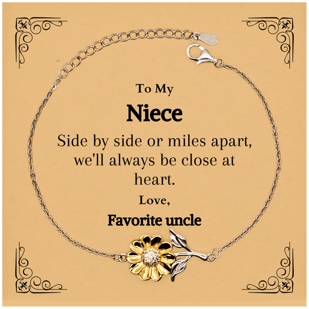 sunflower bracelet for niece side by side or miles apart always close at heart engraved birthday gift from favorite uncle inspirational jewelry for niece graduation and christmas