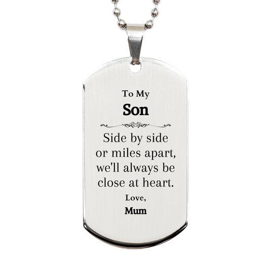 silver dog tag for son always close at heart engraved dog tag necklace for son from mom unique gift for christmas graduation and birthday inspirational son necklace for confidence and love