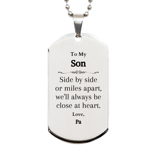 silver dog tag for son engraved with side by side or miles apart always close at heart perfect gift for christmas graduation and birthdays unique and inspirational