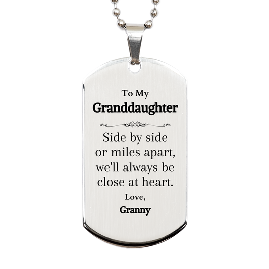 granddaughter silver dog tag engraved inspirational gift for birthday christmas veterans day side by side or miles apart always close at heart love granny