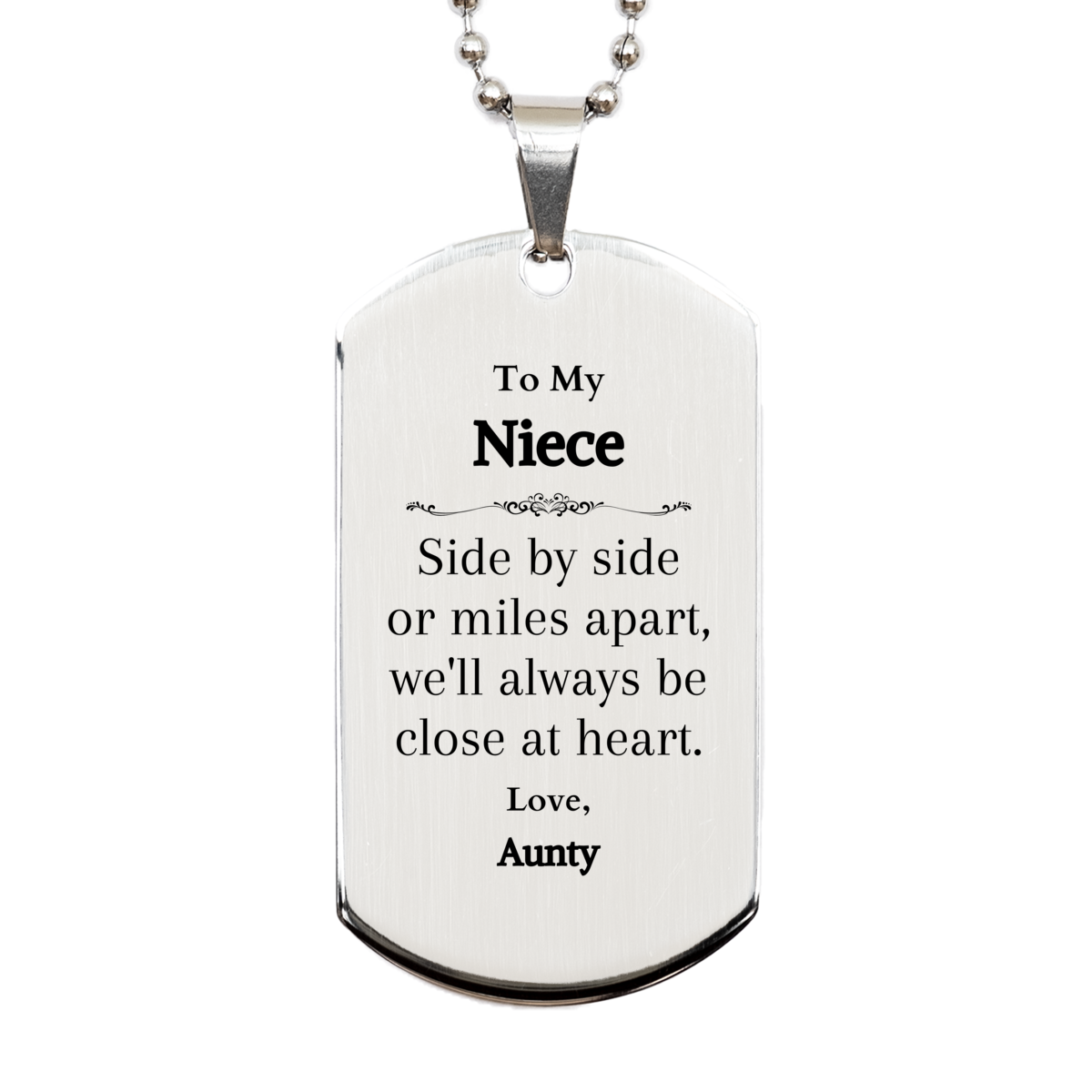 silver dog tag niece gift side by side or miles apart always close at heart aunty engraved inspirational jewelry for birthday christmas graduation