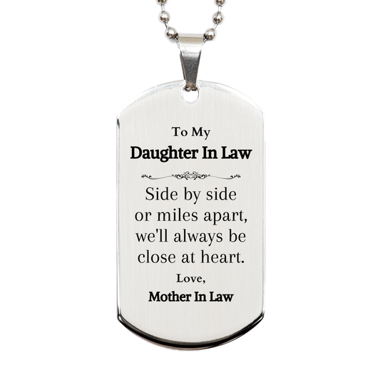 daughter in law silver dog tag side by side or miles apart always close at heart gift for birthday holidays christmas graduation engraved love mother in law inspirational jewelry