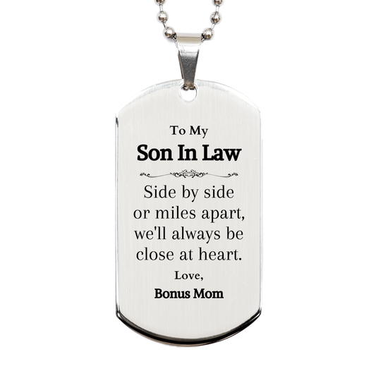 unique engraved silver dog tag gift for son in law close at heart bonus mom special occasion gift for veterans day graduation or christmas sentimental military style necklace to show love and appreciation perfect son in law necklace for any oc