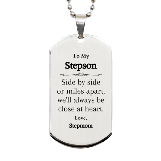 stepson silver dog tag engraved with always close at heart gift for birthday graduation veterans day christmas meaningful stepson gift from stepmom