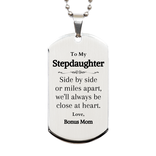 stepdaughter engraved silver dog tag always close at heart perfect gift for birthday christmas graduation bonus mom love and confidence