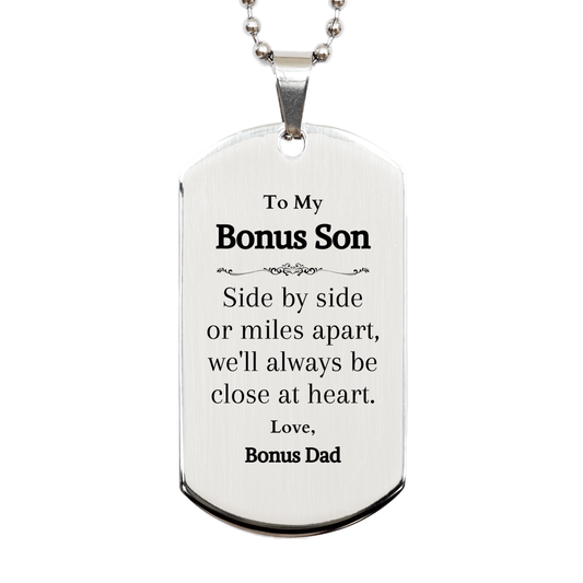 silver dog tag bonus son gift for birthday holiday engraved love from bonus dad unique inspirational keepsake for your beloved bonus son thoughtful gift for him dog tag pendant from bonus dad gift idea for bonus son meaningful gift for him