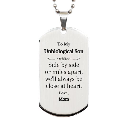 unbiological son engraved silver dog tag side by side or miles apart always close at heart perfect gift for birthday christmas graduation veterans day