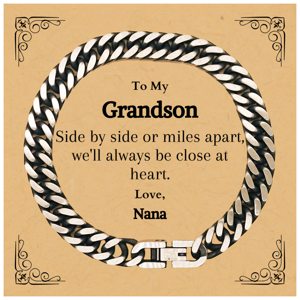 grandson engraved cuban link chain bracelet side by side or miles apart always close at heart nana perfect christmas birthday gift for grandson