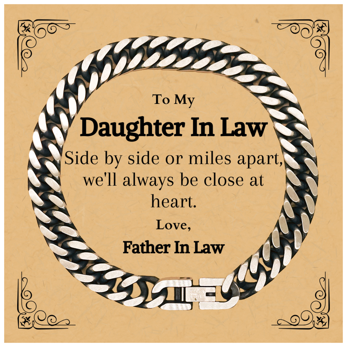 daughter in law engraved cuban link chain bracelet side by side or miles apart well always be close at heart love father in law perfect gift for birthday christmas graduation and holidays