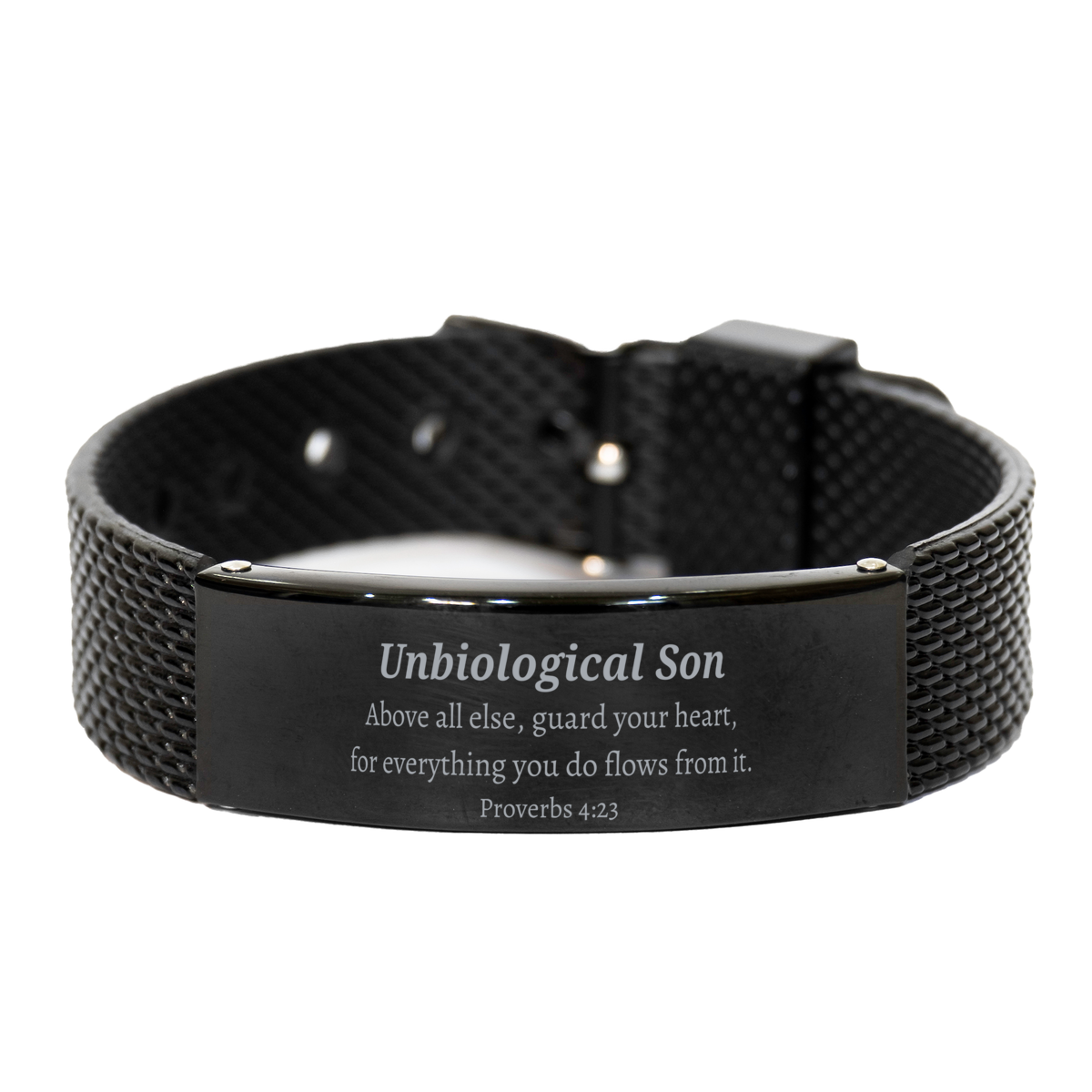 unbiological son engraved black shark mesh bracelet for birthday christmas graduation hope and confidence guard your heart proverbs 4 23 gift for unbiological son