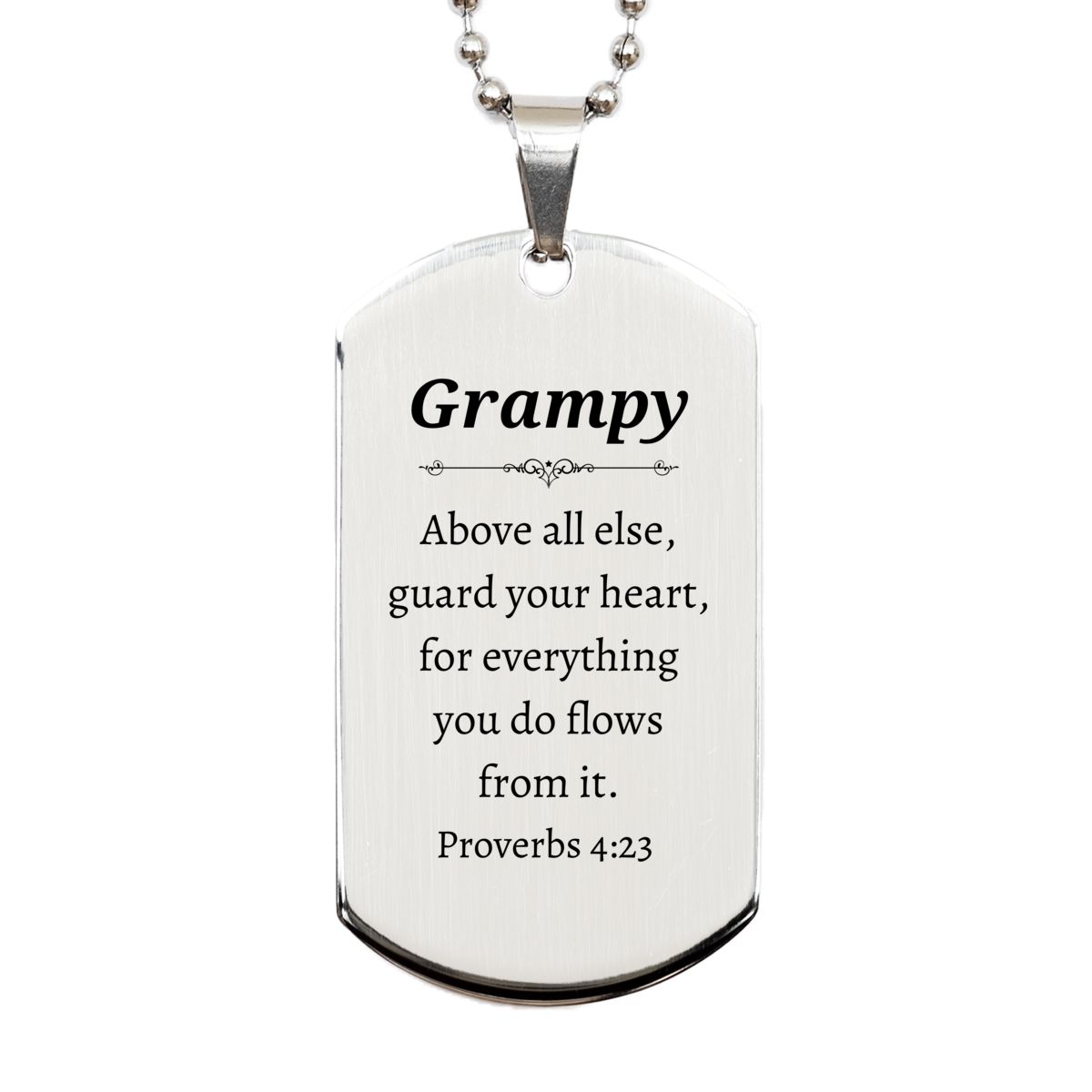 grampy dog tag necklace engraved with proverbs 4 23 inspirational gift for birthday christmas veterans day and graduation silver dog tag for grampy to guard his heart and show his confidence