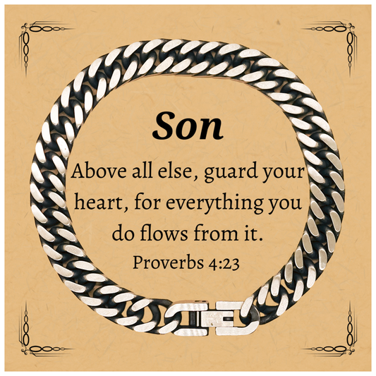 son cuban link chain bracelet engraved with proverbs 4 23 inspirational gift for birthday christmas graduation veterans day perfect confidence and hope jewelry for men