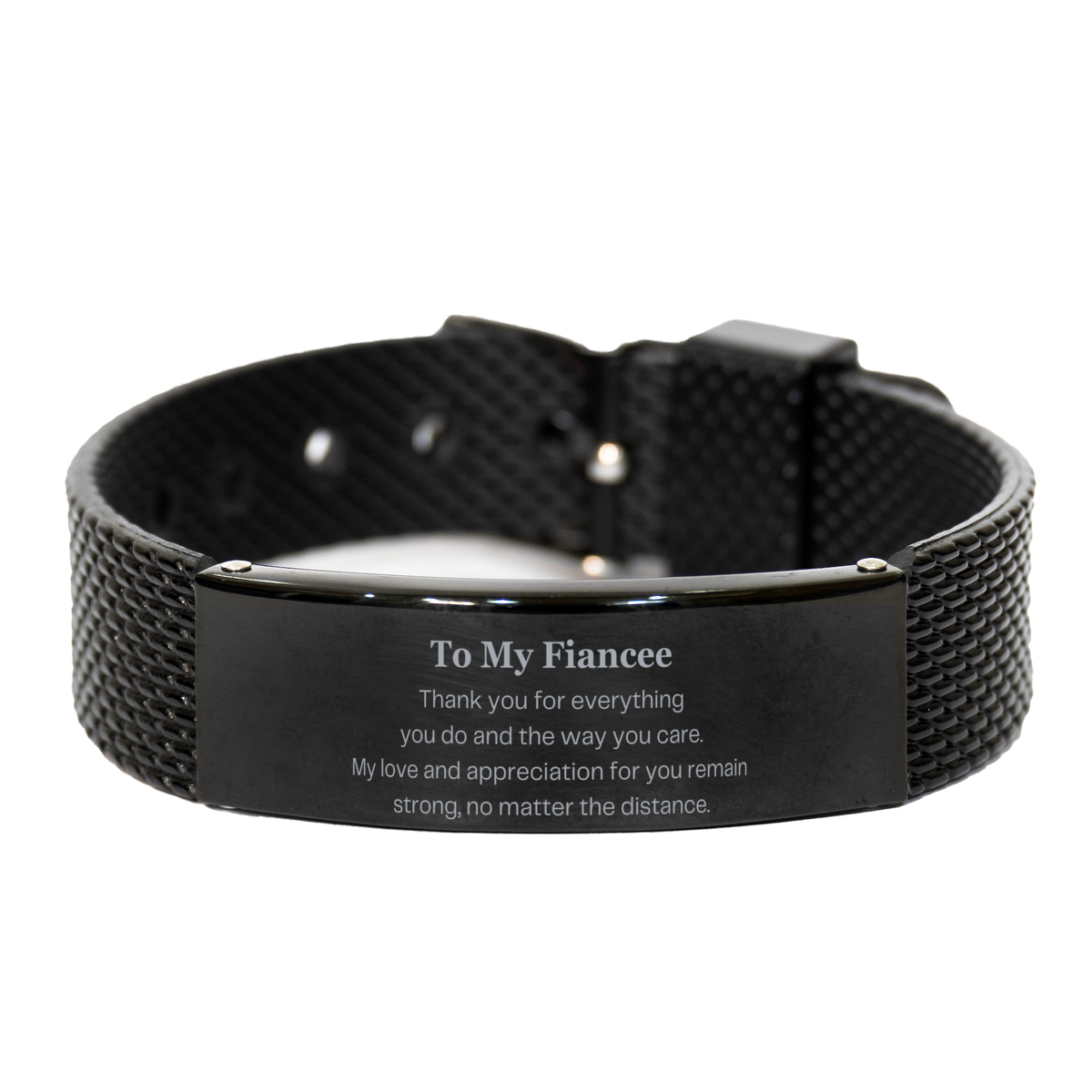 black shark mesh bracelet for fiancee - my love for you remains strong, engraved appreciation and confidence gift for anniversary, birthday, christmas - unique fiancee bracelet