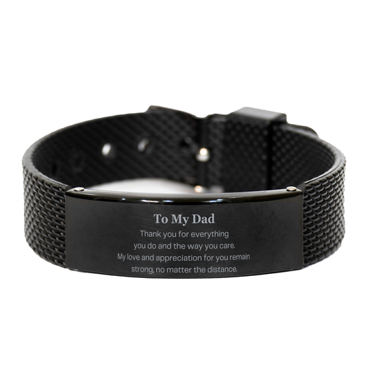unique black shark mesh bracelet for dad - my love and appreciation remain strong, perfect gift for birthday, christmas, and graduation, engraved with thanks and love