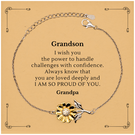 Sunflower Bracelet Grandson Gift engraved with love, hope and confidence - Perfect Graduation or Birthday Present for Grandson to handle challenges with pride and assurance - Grandpa proud of you