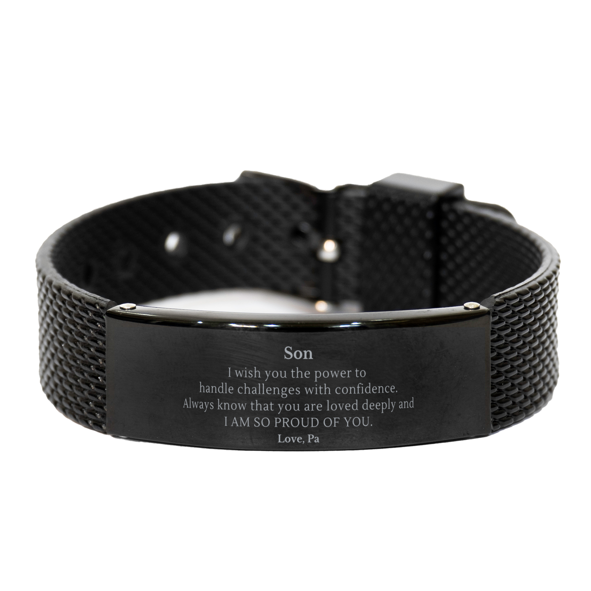 black shark mesh bracelet for son - engraved inspirational message - gift for birthday, christmas, graduation - unique jewelry for men who inspire confidence and love - son, you are deeply loved and i am so proud of you