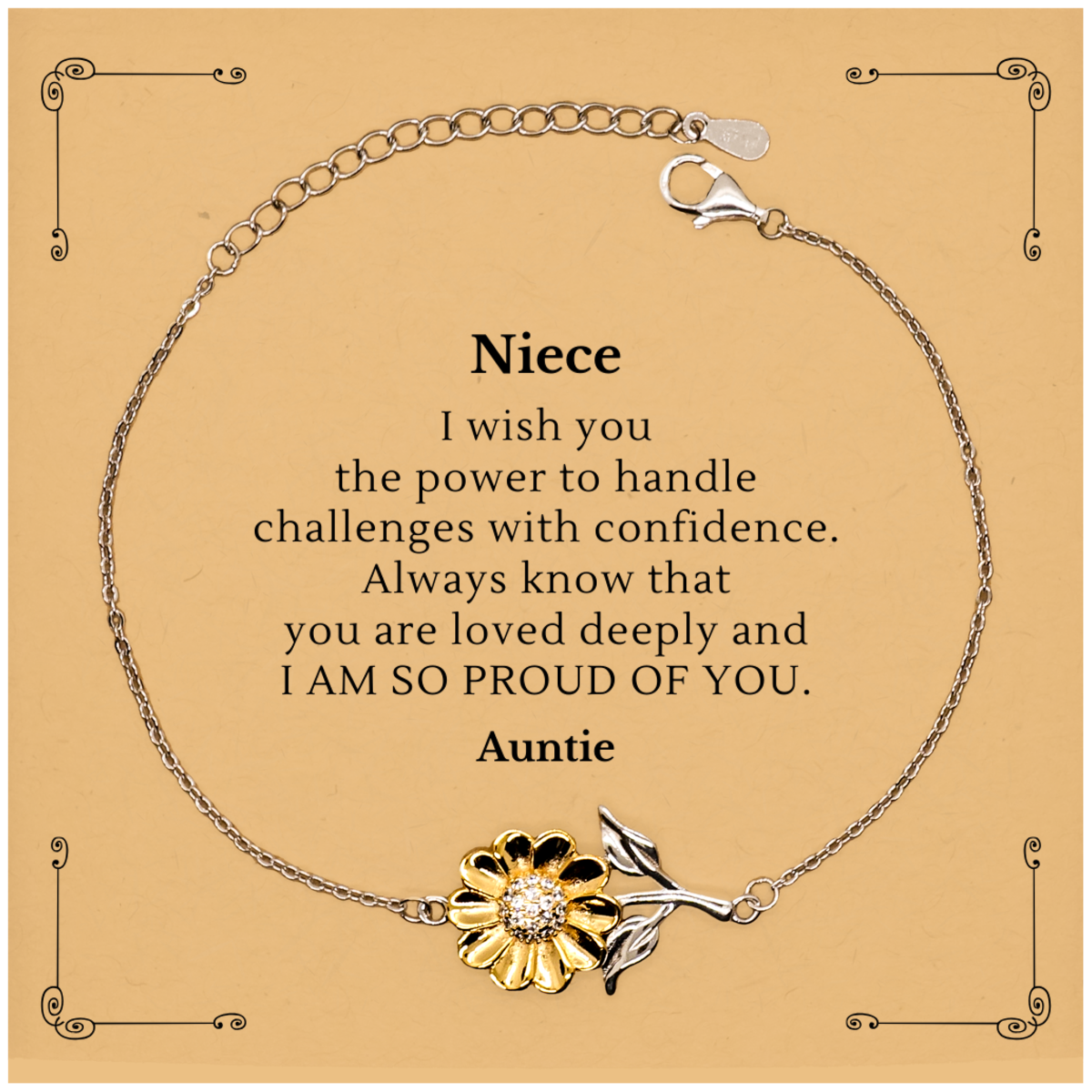Engraved Sunflower Bracelet Niece - Handle Challenges with Confidence, Birthday Gift for Niece from Auntie, Unique Inspirational Jewelry for Niece Graduation