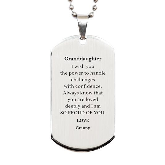 granddaughter engraved silver dog tag inspirational gift for her birthday handle challenges with confidence always loved and proud from granny