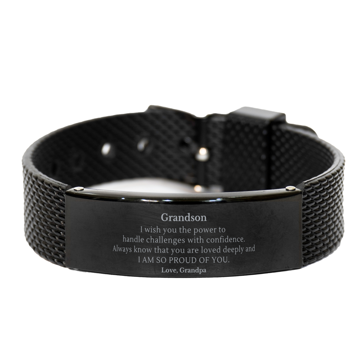 engraved black shark mesh bracelet - grandsons confidence and love - perfect gift for graduation, birthday, veterans day, christmas