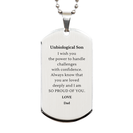 unbiological son silver dog tag always loved proud confident gift for birthday christmas graduation engraved inspirational message from dad