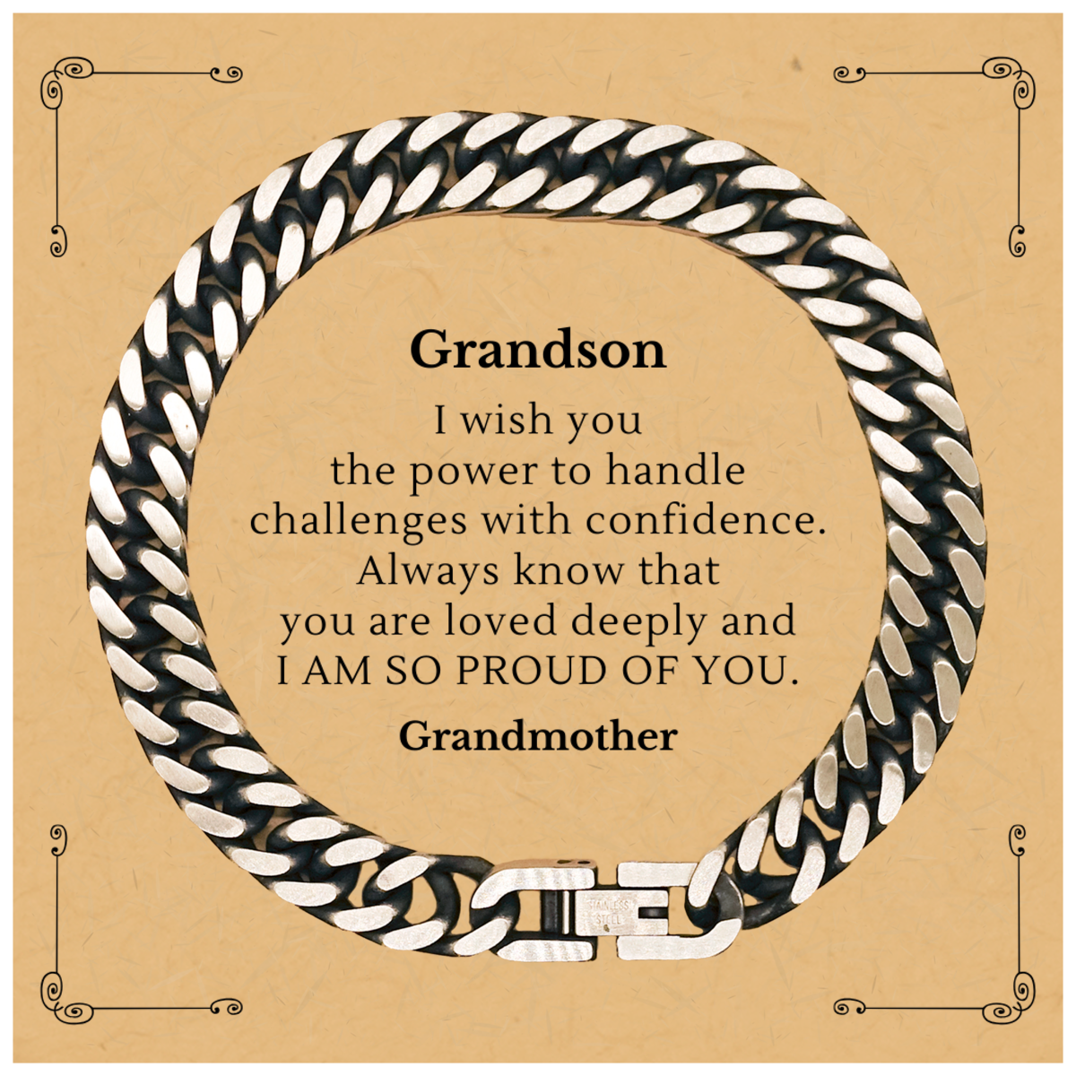 Grandson Cuban Link Chain Bracelet - Engraved Inspirational Gift for Grandson to Handle Challenges with Confidence, Graduation, Birthday, Christmas