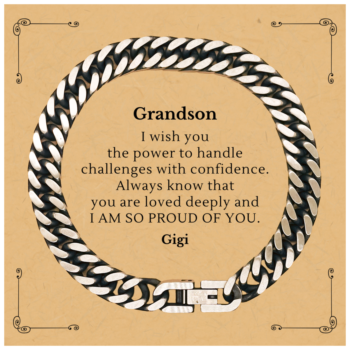 Grandson Cuban Link Chain Bracelet - Engraved Inspirational Gift for Christmas, Graduation, and Veterans Day - Power and Confidence for Grandson, Gigi Loves You Deeply