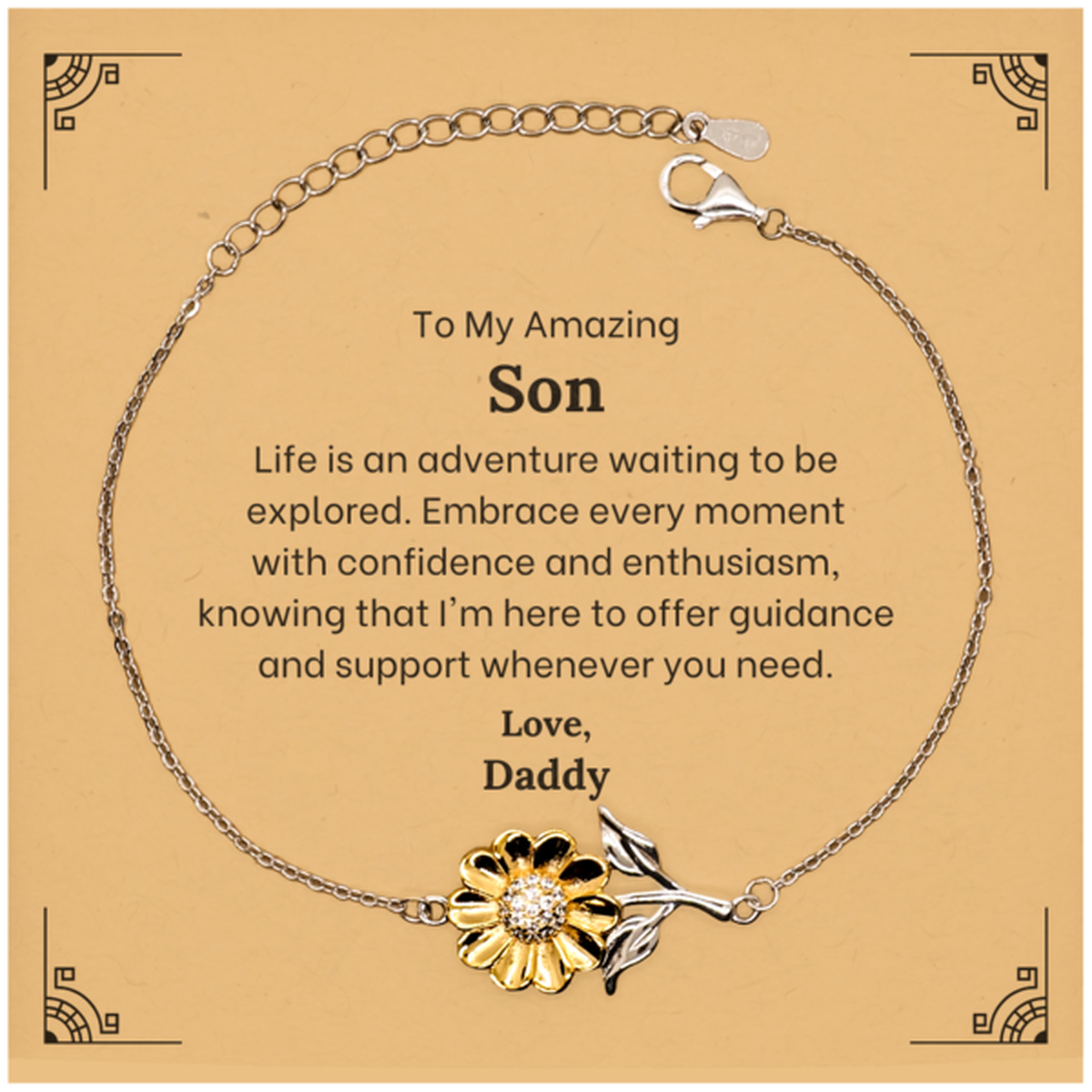 Sunflower bracelet for son, 18k gold plated sterling silver gift, meaningful daddy's unique gift.