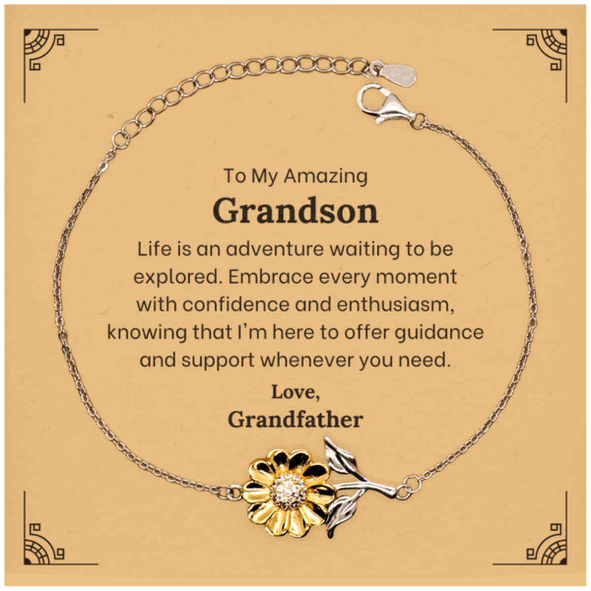 Sterling silver sunflower bracelet with 18k gold plating, perfect sentimental grandson gift.